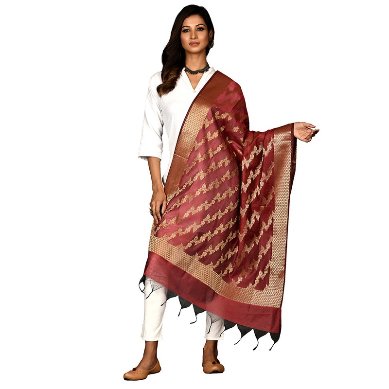 Red Cotton Silk Zari Work Dupatta - JD986578641