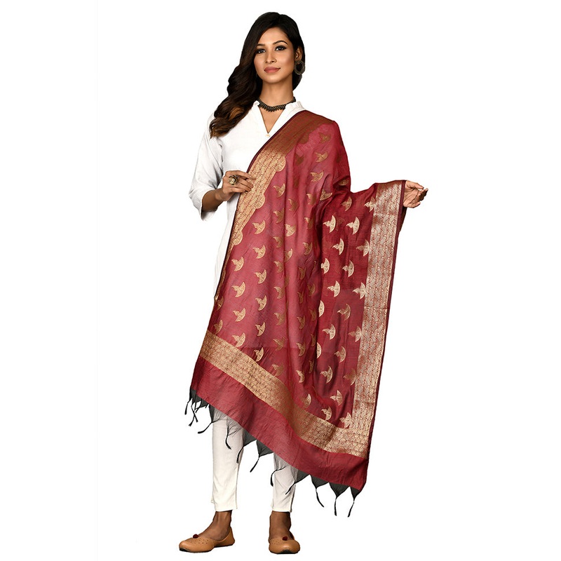 Red Cotton Silk Zari Work Dupatta - JD986578642