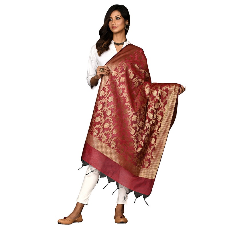 Red Cotton Silk Zari Work Dupatta - JD986578643