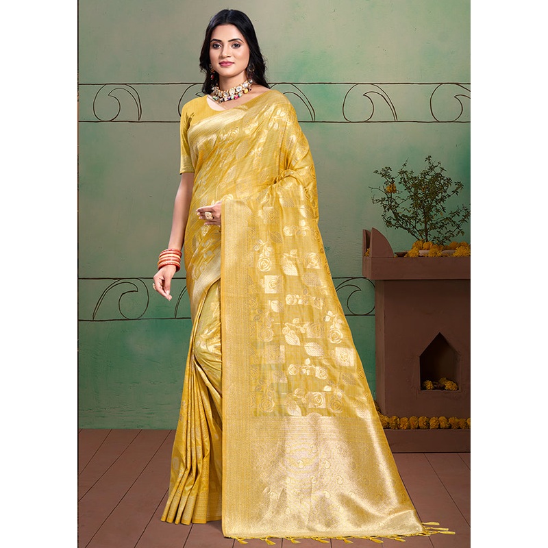 Yellow Cotton Saree With Blouse Piece - JD986578583