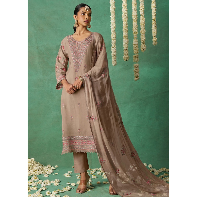 3 Pc Beige Semi Stitched Silk Suit Set - JD986578453