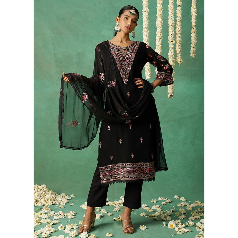 3 Pc Black Semi Stitched Silk Suit Set - JD986578452