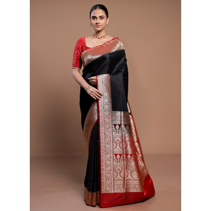 Black Banarasi Silk Saree With Blouse Piece - JD986578333