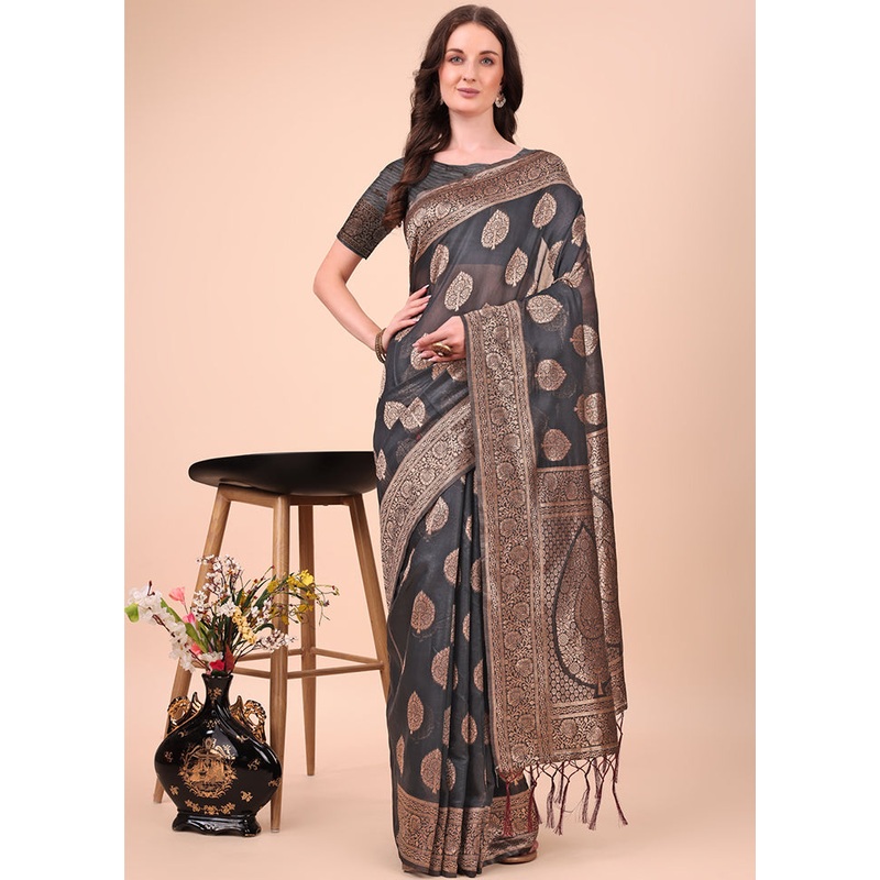 Black Cotton Saree With Blouse Piece - JD986578301