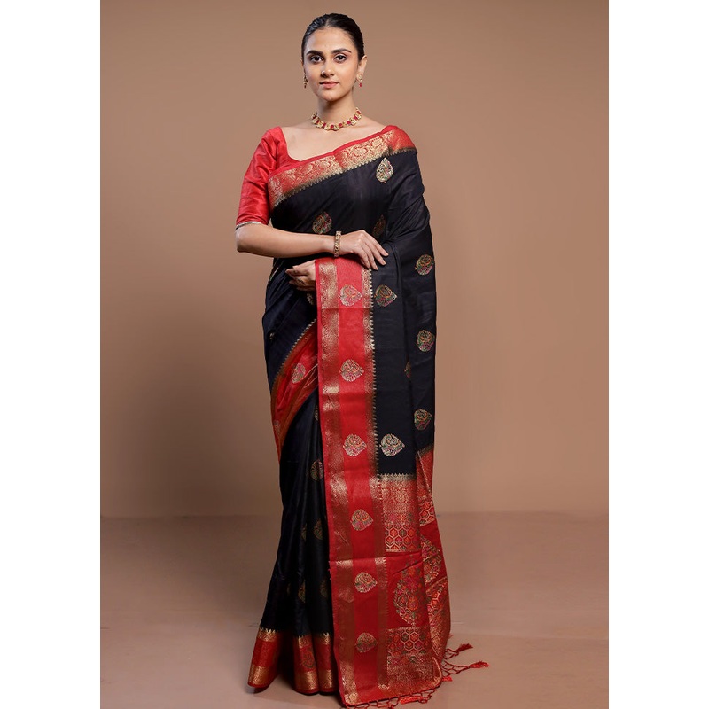 Black Dupion Silk Saree With Blouse Piece - JD986578332