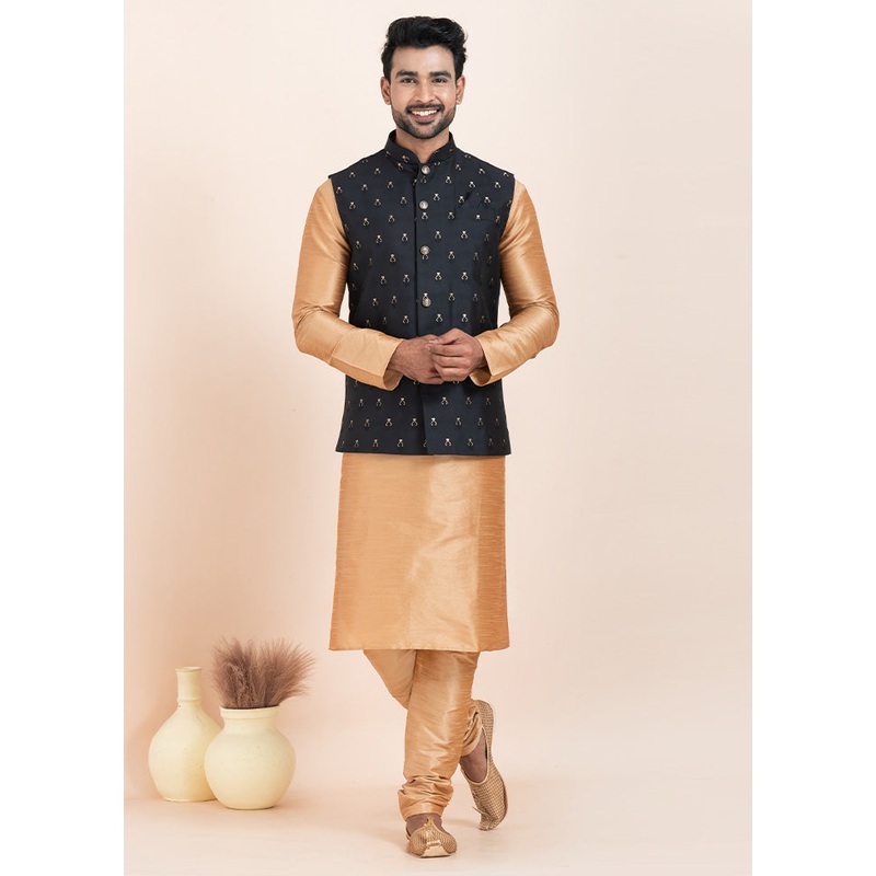 Black Full Sleeves Mandarin Collar Waistcoat - JD986578400