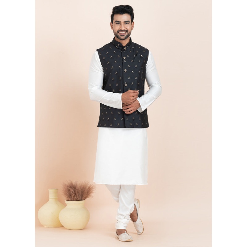 Black Full Sleeves Mandarin Collar Waistcoat - JD986578401