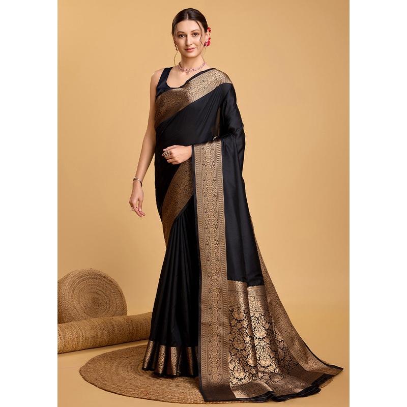 Black Spun Silk Saree With Blouse Piece - JD986578474