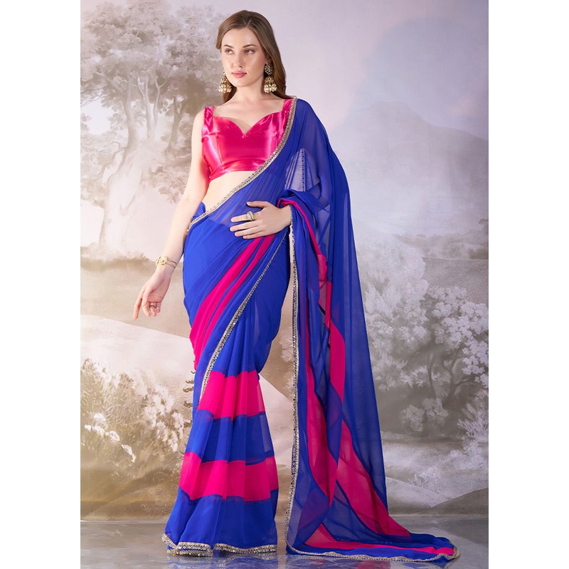 Blue Chiffon Silk Saree With Blouse Piece - JD986578472