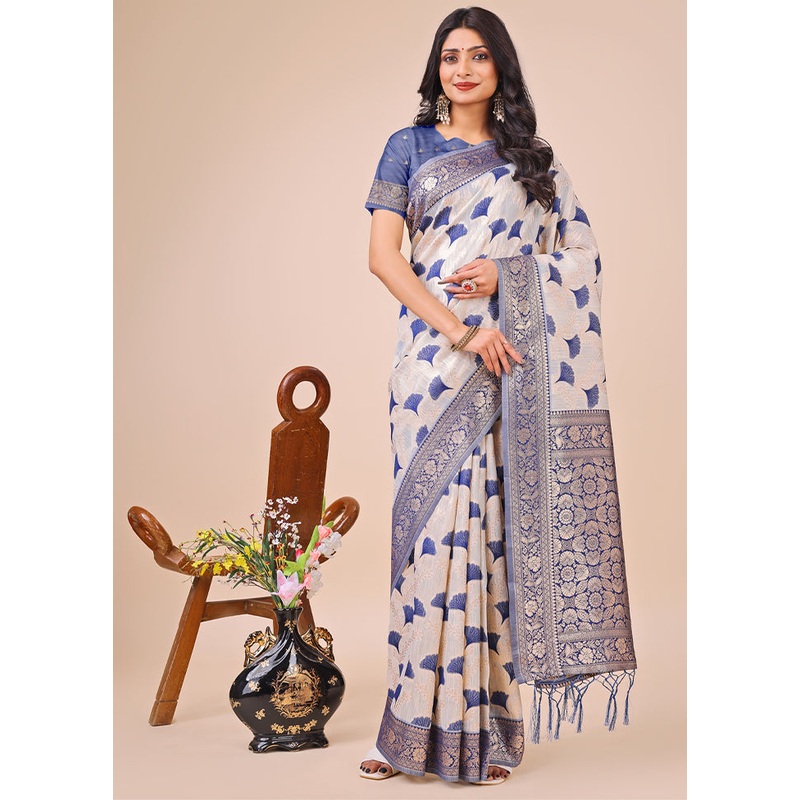 Blue Cotton Saree With Blouse Piece - JD986578300