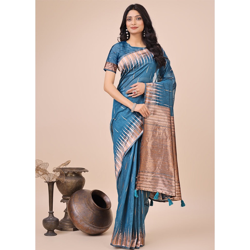 Blue Cotton Woven Saree Without Blouse Piece - JD986578299