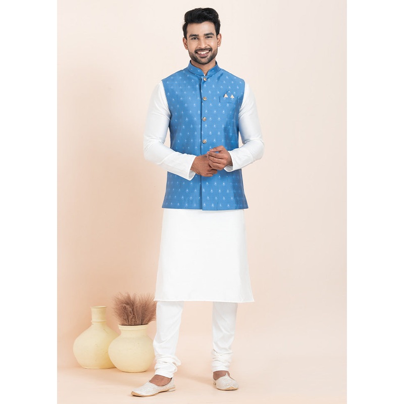 Blue Full Sleeves Mandarin Collar Waistcoat - JD986578399