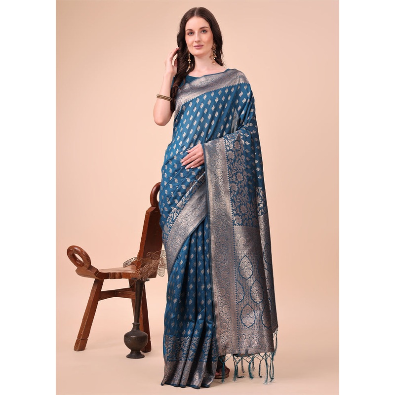 Blue Spun Silk Saree With Blouse Piece - JD986578298