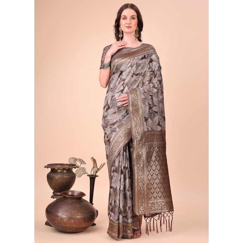 Brown Cotton Saree With Blouse Piece - JD986578297