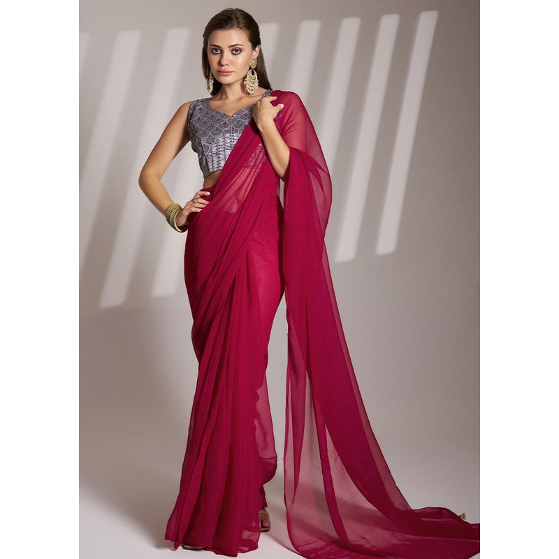 Burgundy Spun Silk Saree With Blouse Piece - JD986578469