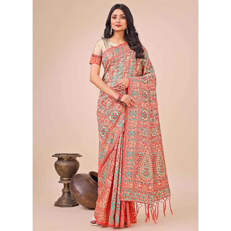Cream Cotton Saree With Blouse Piece - JD986578296