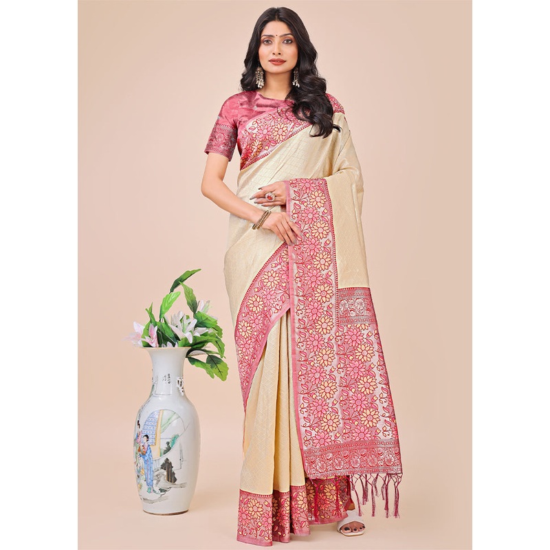Cream Spun Silk Saree With Blouse Piece - JD986578294