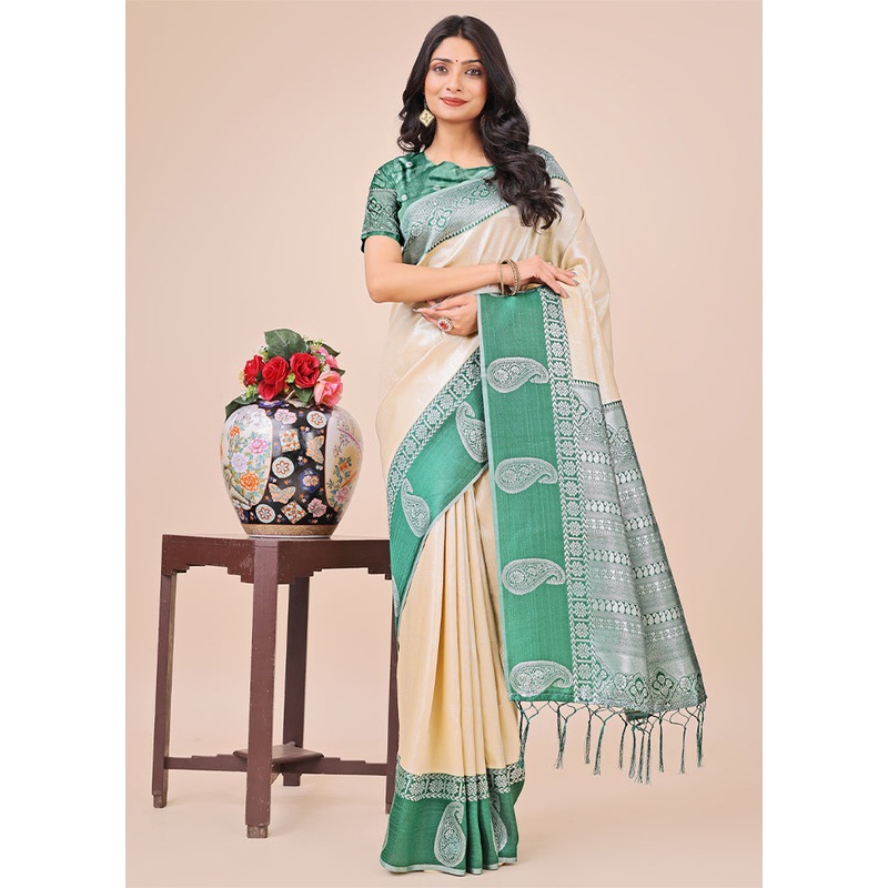 Cream Spun Silk Saree With Blouse Piece - JD986578295