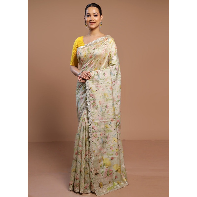Cream Tussar Silk Saree With Blouse Piece - JD986578475