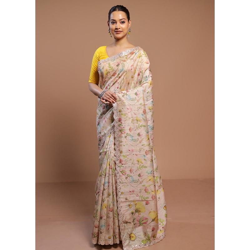 Cream Tussar Silk Saree With Blouse Piece - JD986578476