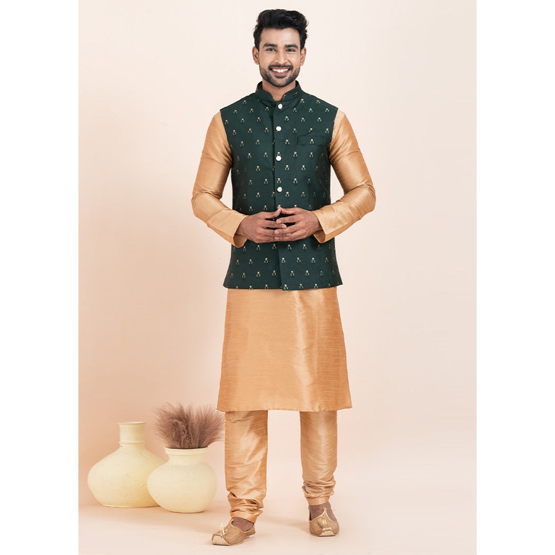 Dark Green Full Sleeves Mandarin Collar Waistcoat - JD986578398