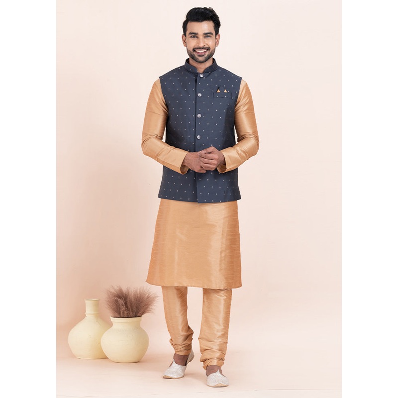 Dark Navy Blue Full Sleeves Mandarin Collar Waistcoat - JD986578397