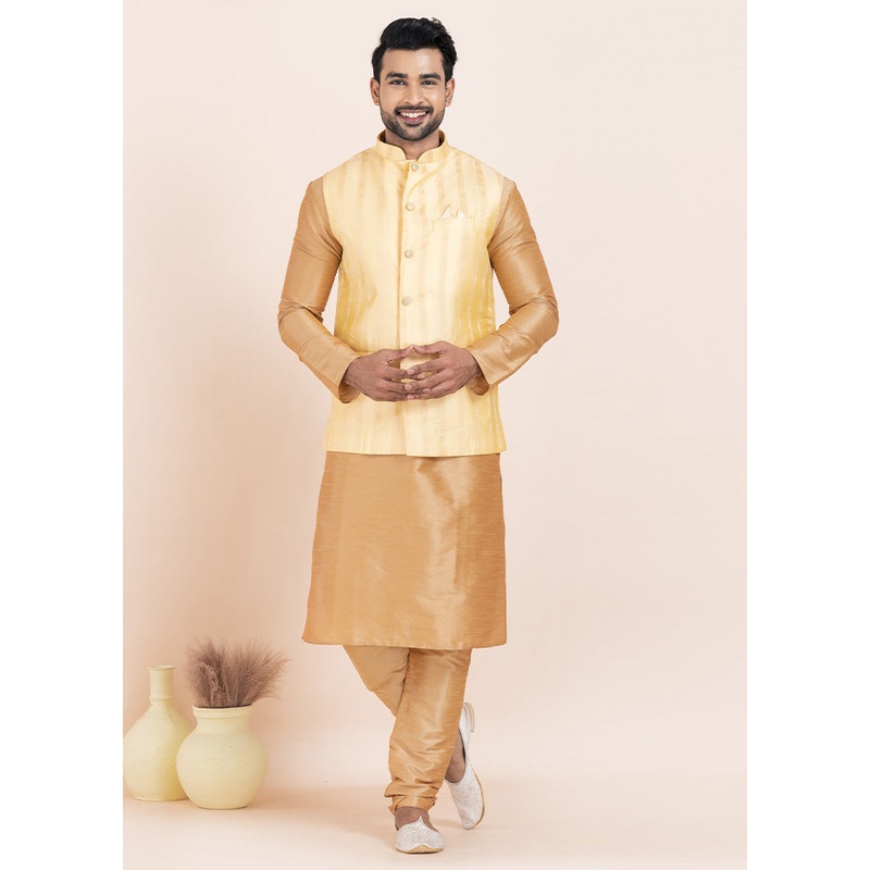 Gold Full Sleeves Mandarin Collar Waistcoat - JD986578395