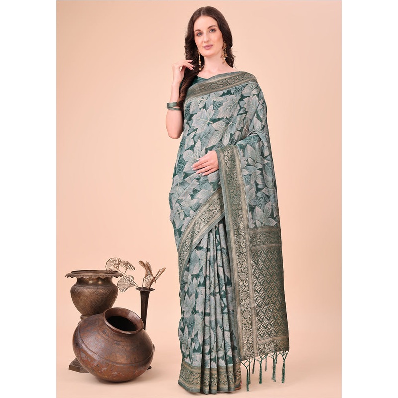 Green Cotton Saree With Blouse Piece - JD986578291