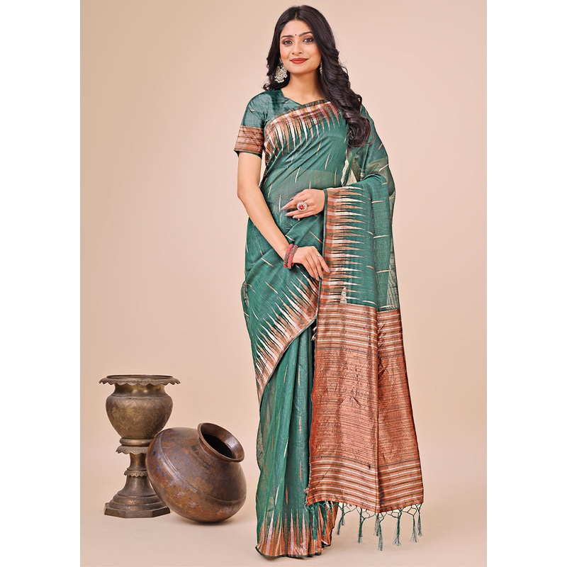 Green Cotton Saree With Blouse Piece - JD986578292