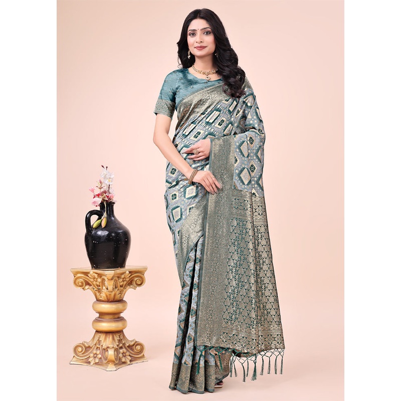 Green Cotton Saree With Blouse Piece - JD986578293
