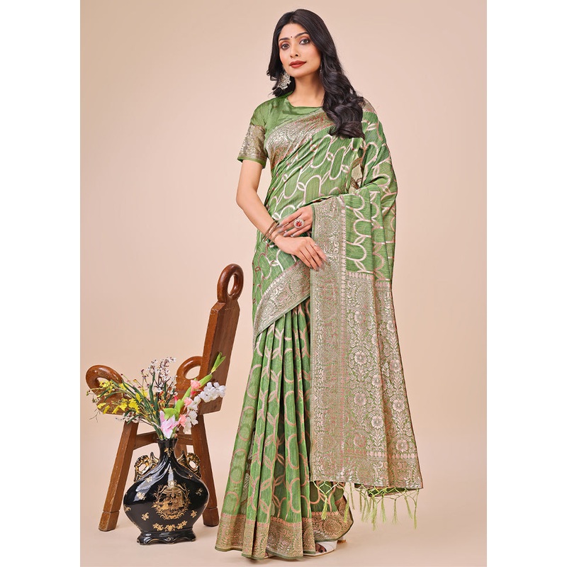 Green Cotton Woven Saree Without Blouse Piece - JD986578290