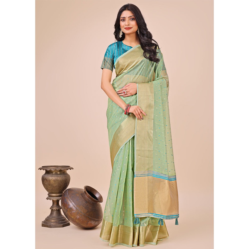 Green Organza Saree With Blouse Piece - JD986578289