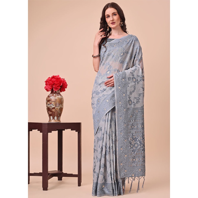 Grey Cotton Saree With Blouse Piece - JD986578286