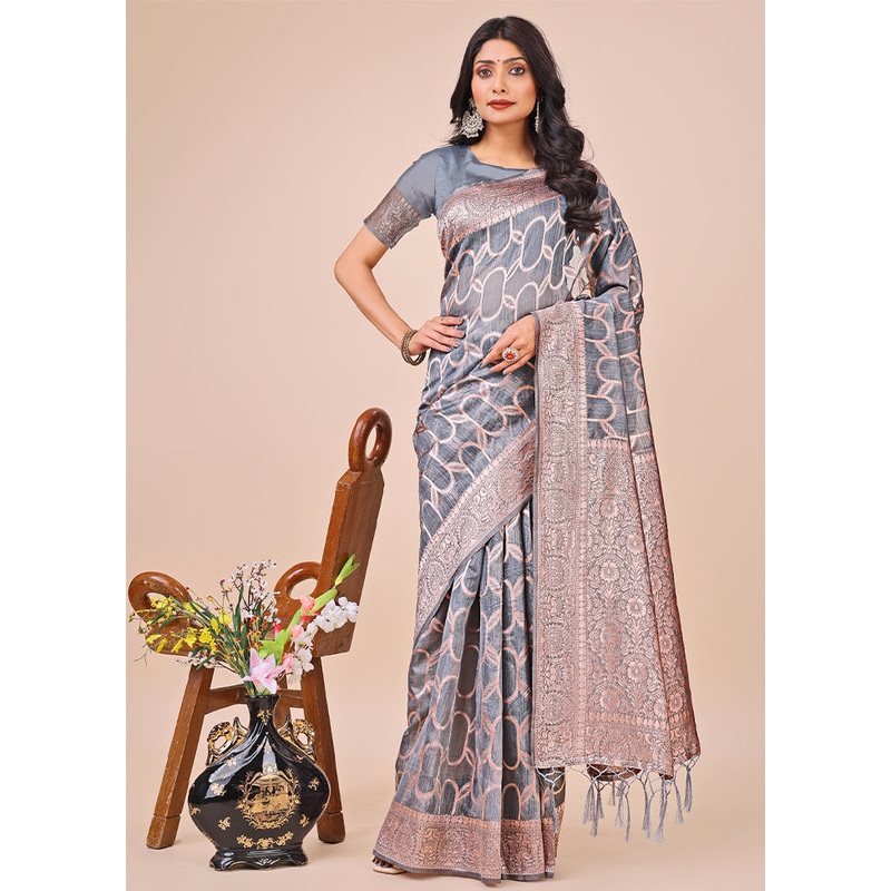 Grey Cotton Saree With Blouse Piece - JD986578287