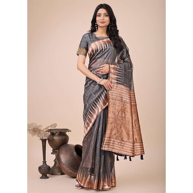 Grey Cotton Woven Saree Without Blouse Piece - JD986578285