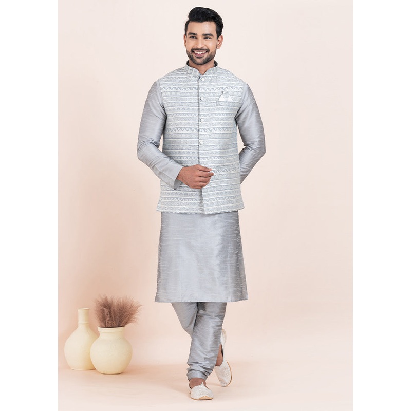 Grey Full Sleeves Mandarin Collar Waistcoat - JD986578393