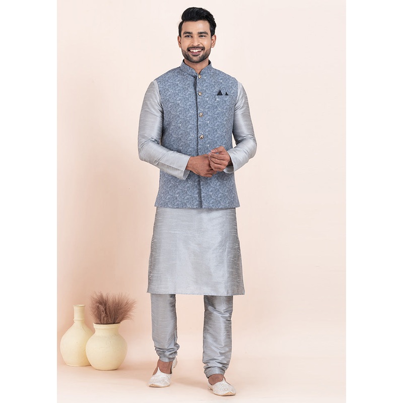Grey Full Sleeves Mandarin Collar Waistcoat - JD986578394