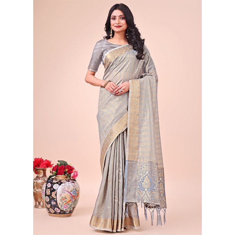 Grey Organza Saree With Blouse Piece - JD986578284