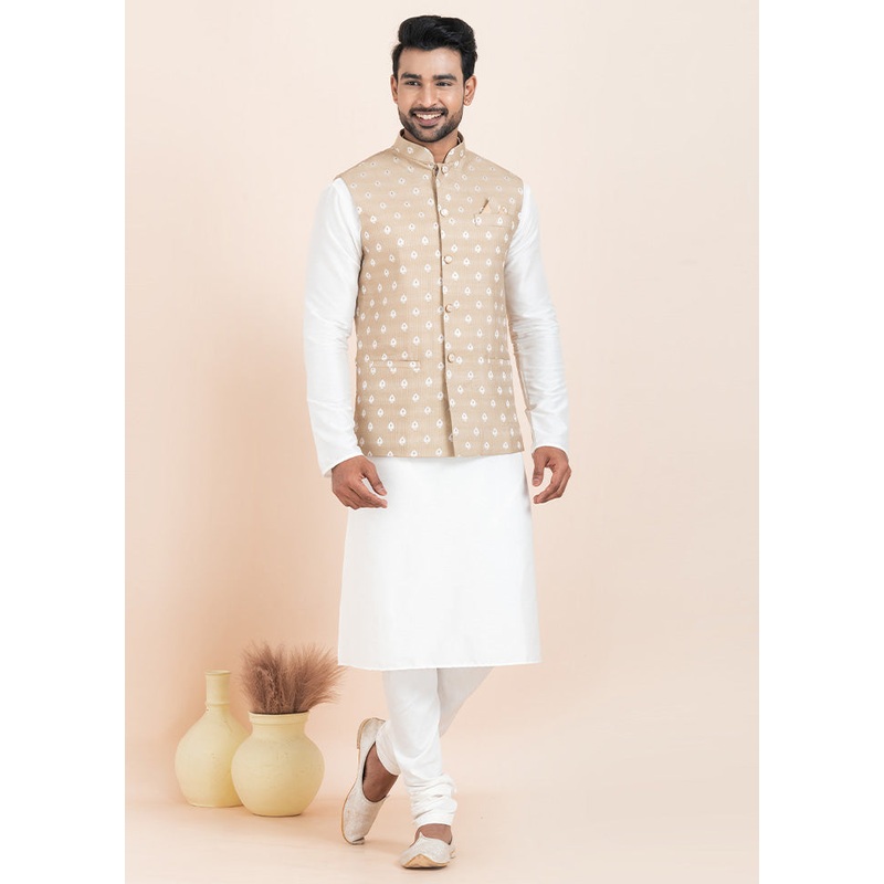 Light Brown Full Sleeves Mandarin Collar Waistcoat - JD986578392