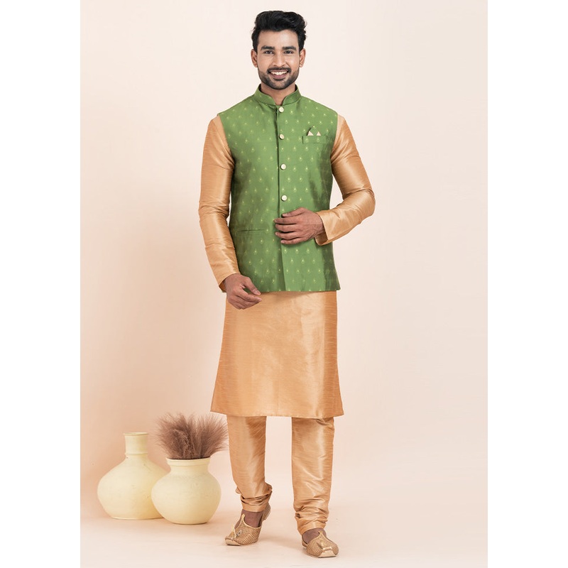 Light Green Full Sleeves Mandarin Collar Waistcoat - JD986578391