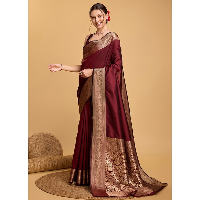 Maroon Spun Silk Saree With Blouse Piece - JD986578463