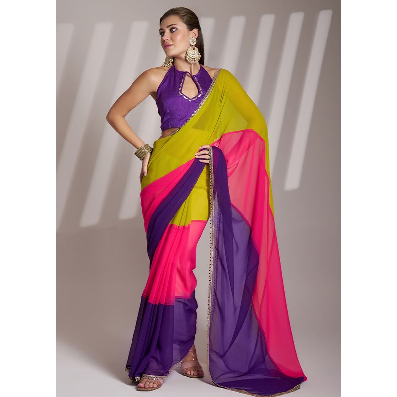Multicolor Chiffon Silk Saree With Blouse Piece - JD986578462