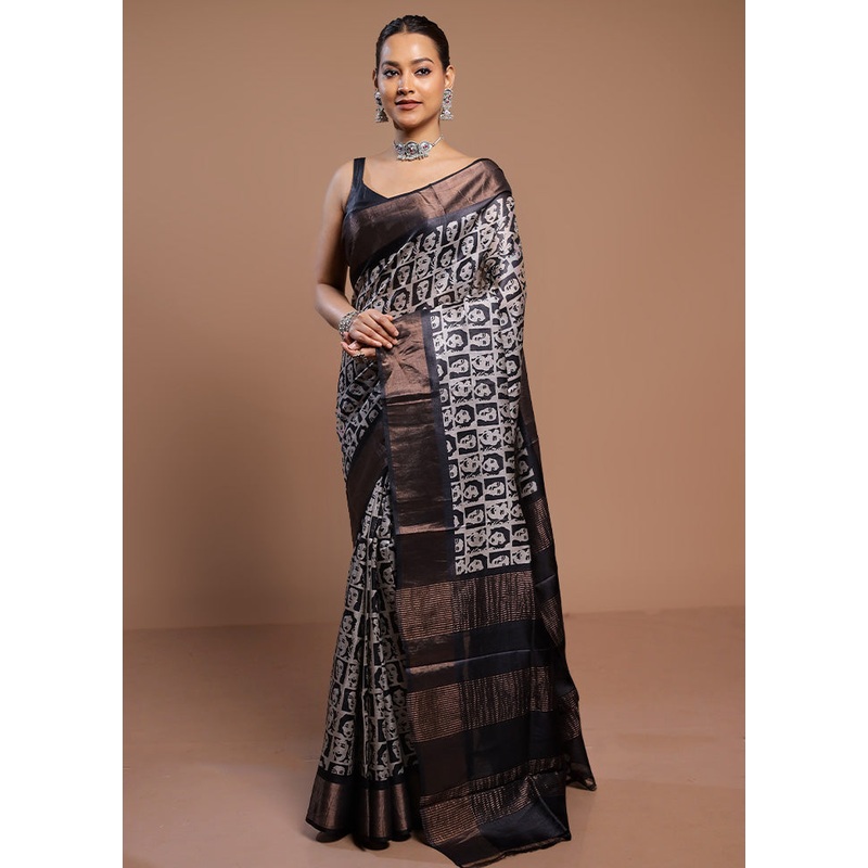 Multicolor Handloom Tussar Pure Silk Saree With Blouse Piece - JD986578511