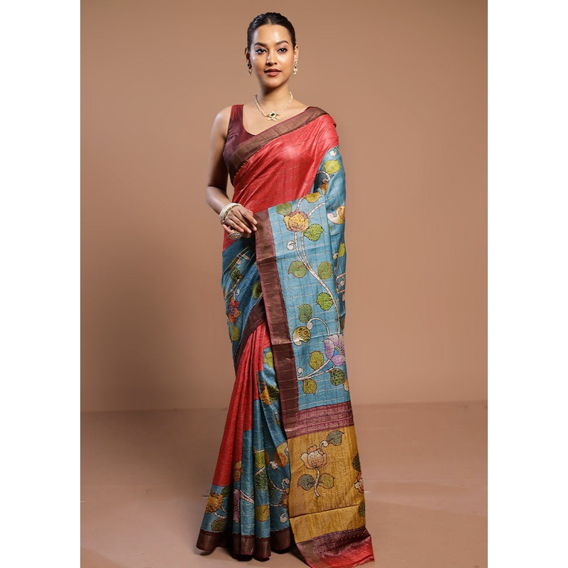 Multicolor Handloom Tussar Pure Silk Saree With Blouse Piece - JD986578512