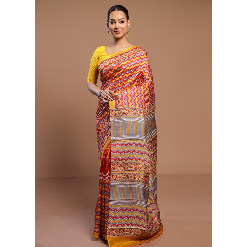 Multicolor Printed Pure Silk Saree Without Blouse Piece - JD986578509