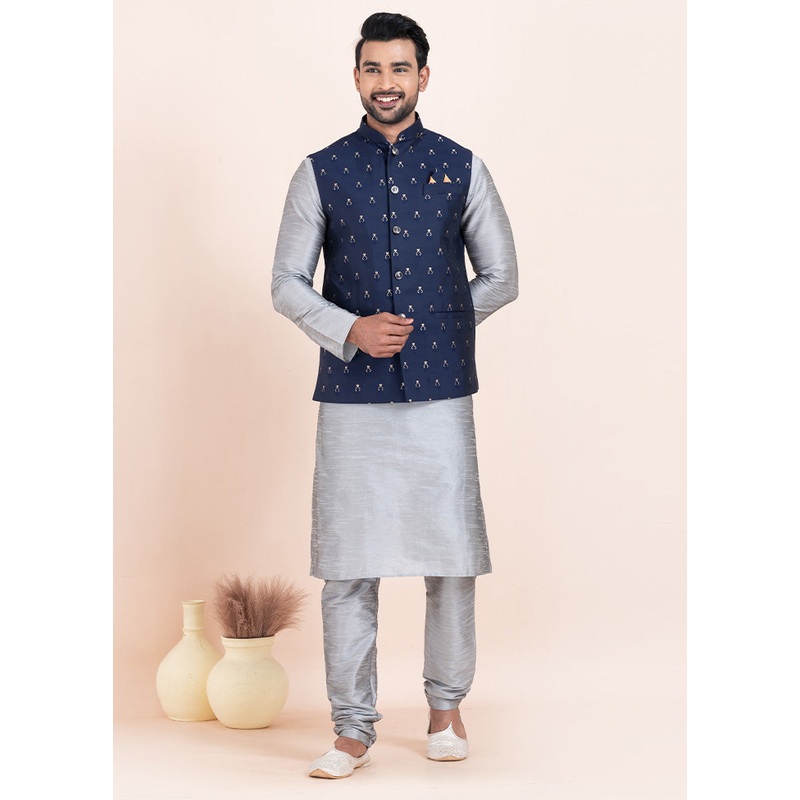 Navy Blue Full Sleeves Mandarin Collar Waistcoat - JD986578375