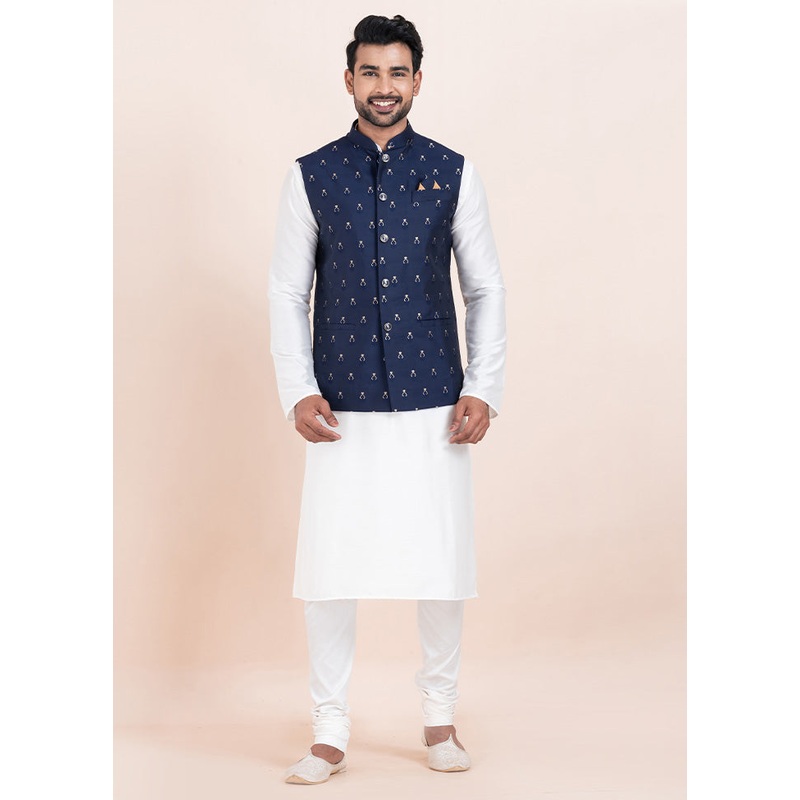 Navy Blue Full Sleeves Mandarin Collar Waistcoat - JD986578376