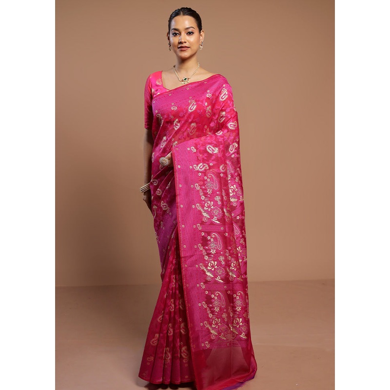Pink Kora Silk Saree With Blouse Piece - JD986578501