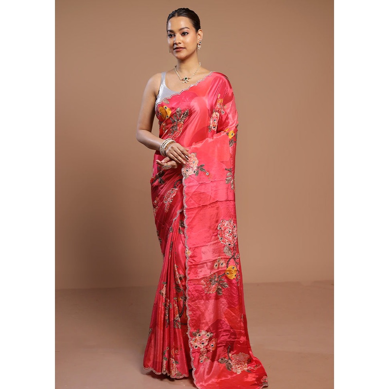Pink Printed Pure Silk Saree Without Blouse Piece - JD986578500