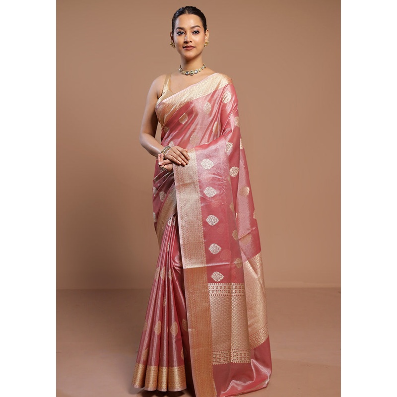 Pink Tissue Silk Saree With Blouse Piece - JD986578499